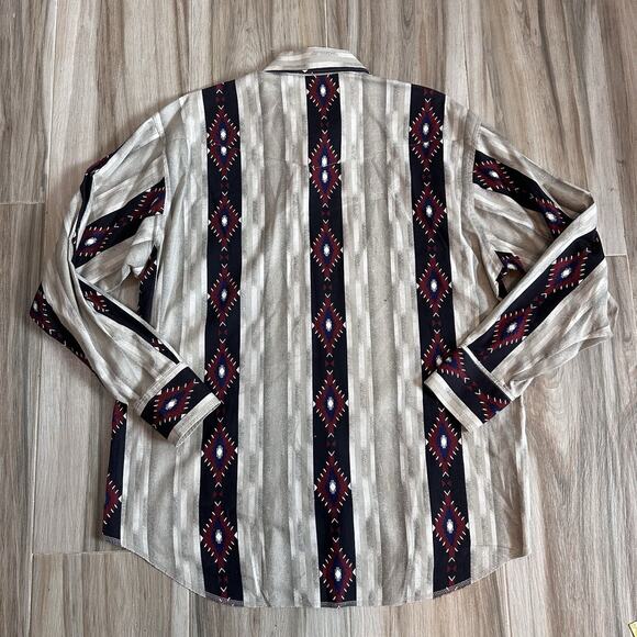 VTG Wrangler Western Shirts Red White Blue Aztec Stripe Pearl Snap XL cowboy - Picture 3 of 6